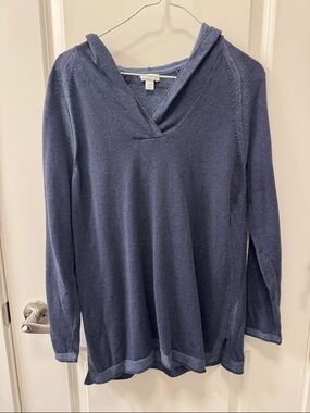 J.Jill Blue Hooded V-Neck Minimalist Cottagecore Longsleeve Pullover Top